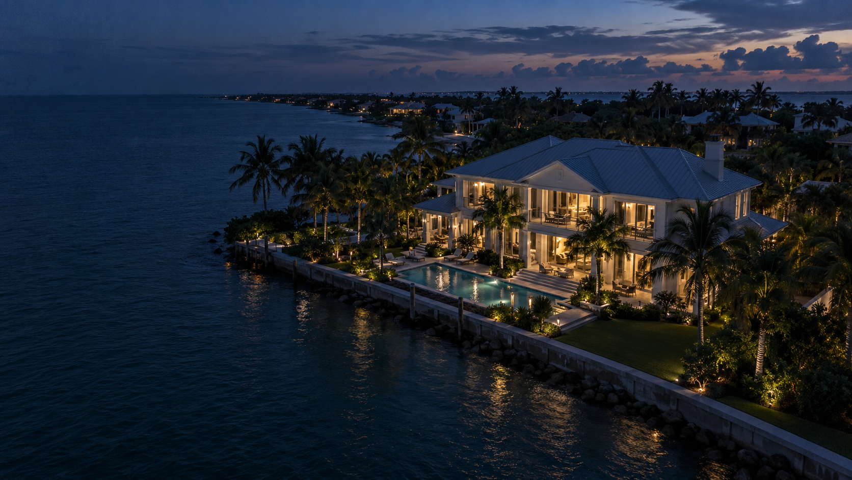 A coastal Florida estate overlooking the water at dusk