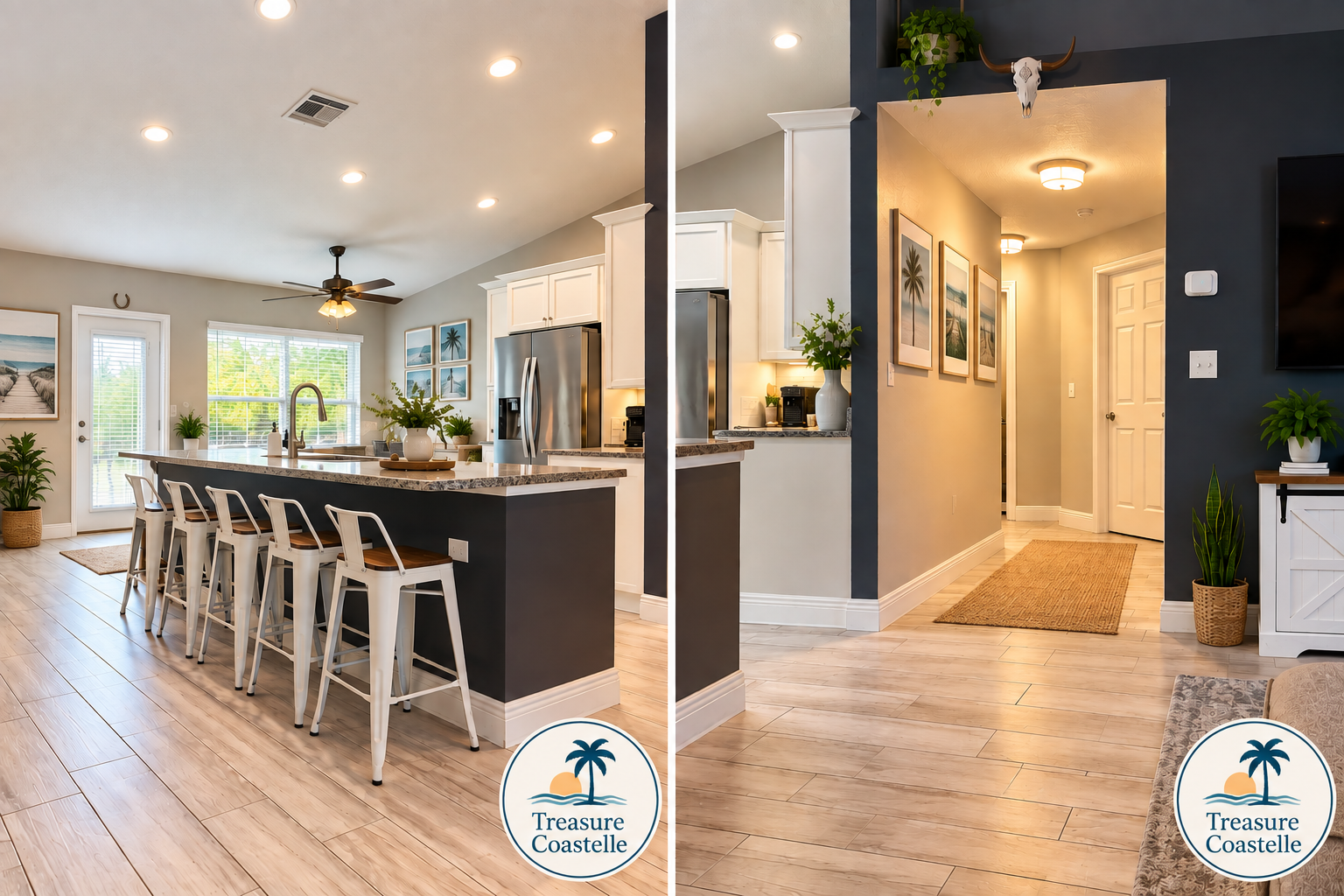 A bright, welcoming home interior with a spacious kitchen, coastal decor, and a warmly lit hallway