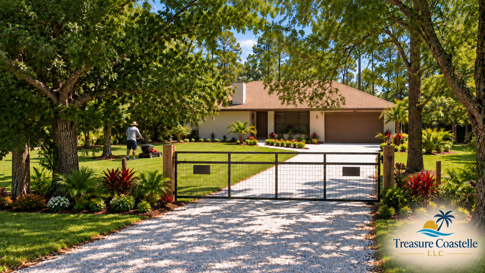 Lawn maintenance at a tree-shaded Florida home