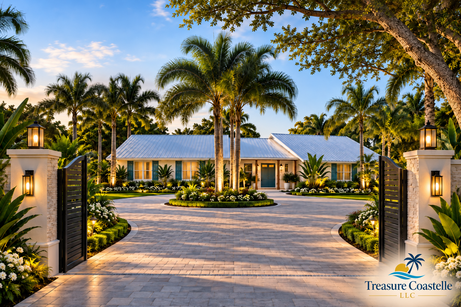 A palm-lined Florida home at dusk with Treasure Coastelle branding