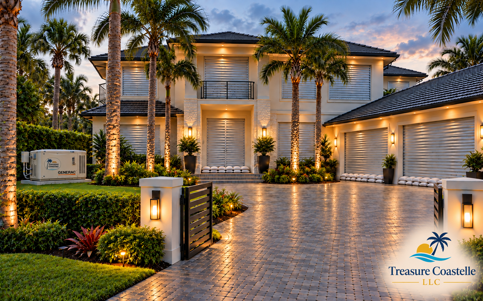 A two-story coastal home with hurricane shutters and Treasure Coastelle branding